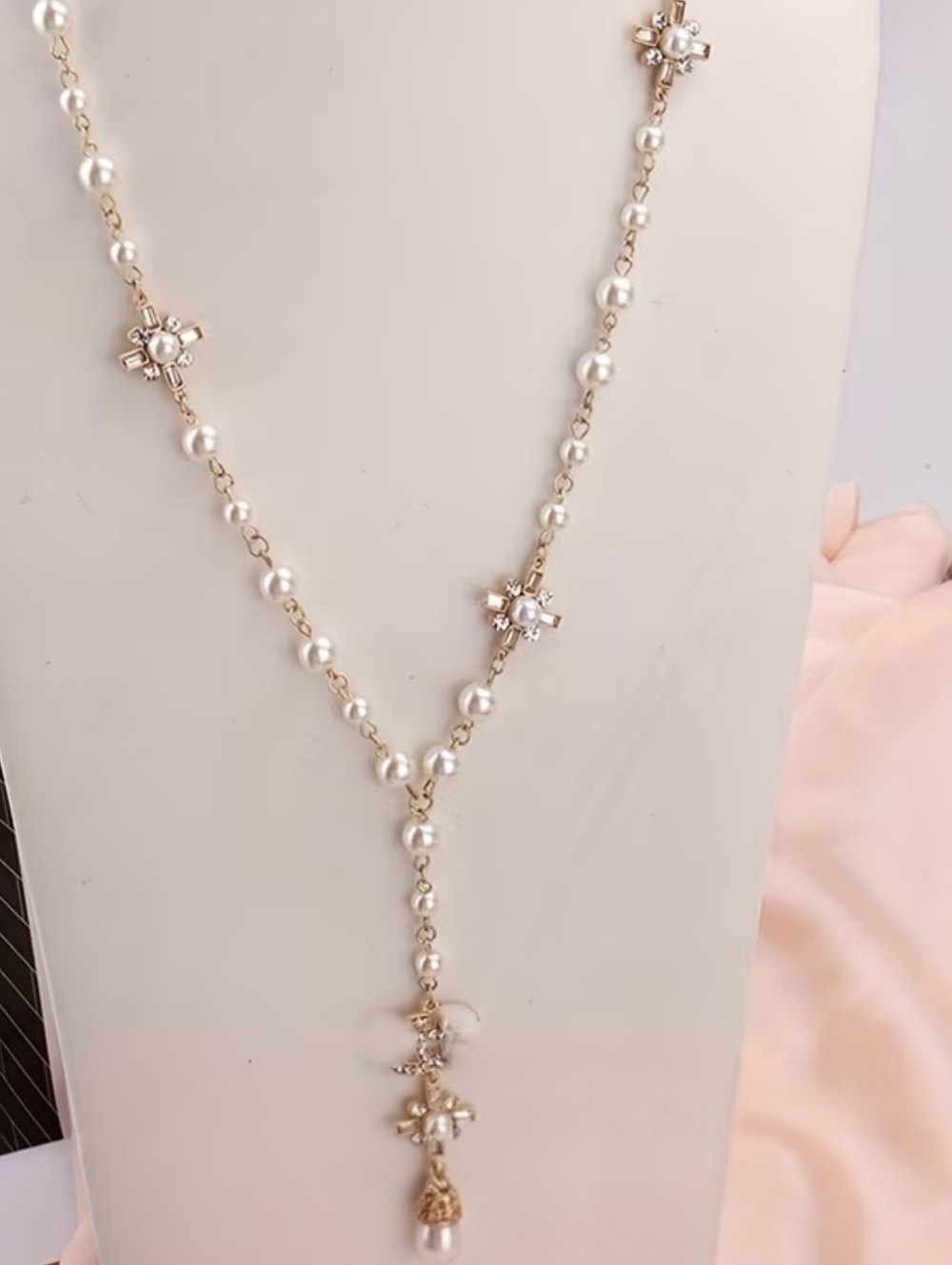 Faux Pearl Rosary Style Y-Necklace Gold Tone Rhinestone Cross Accents NEW